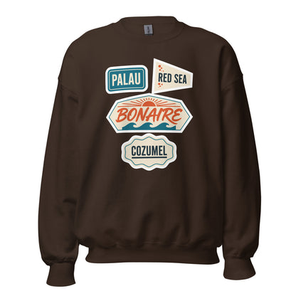 Vintage scuba diving dive sites travel decal sweatshirt — Dark Chocolate, front