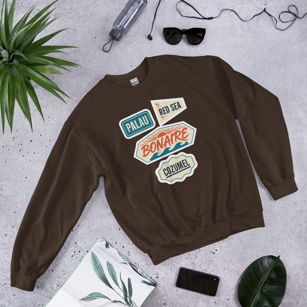 Vintage scuba diving dive sites travel decal sweatshirt — Dark Chocolate, flat lay