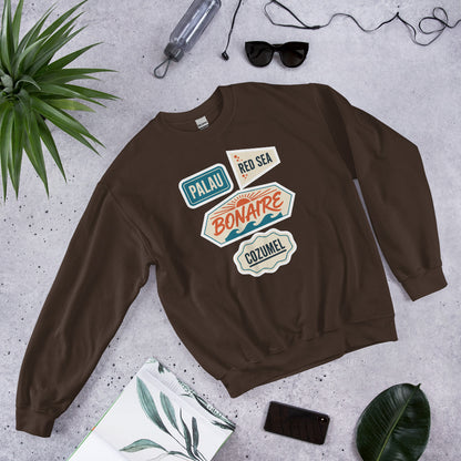 Vintage scuba diving dive sites travel decal sweatshirt — Dark Chocolate, flat lay
