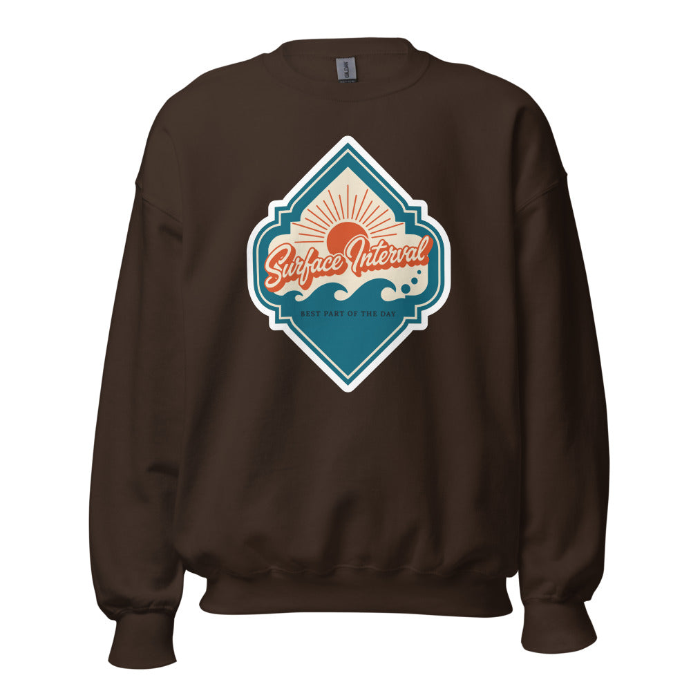 Surface Interval vintage scuba diving travel decal sweatshirt — Dark Chocolate, front