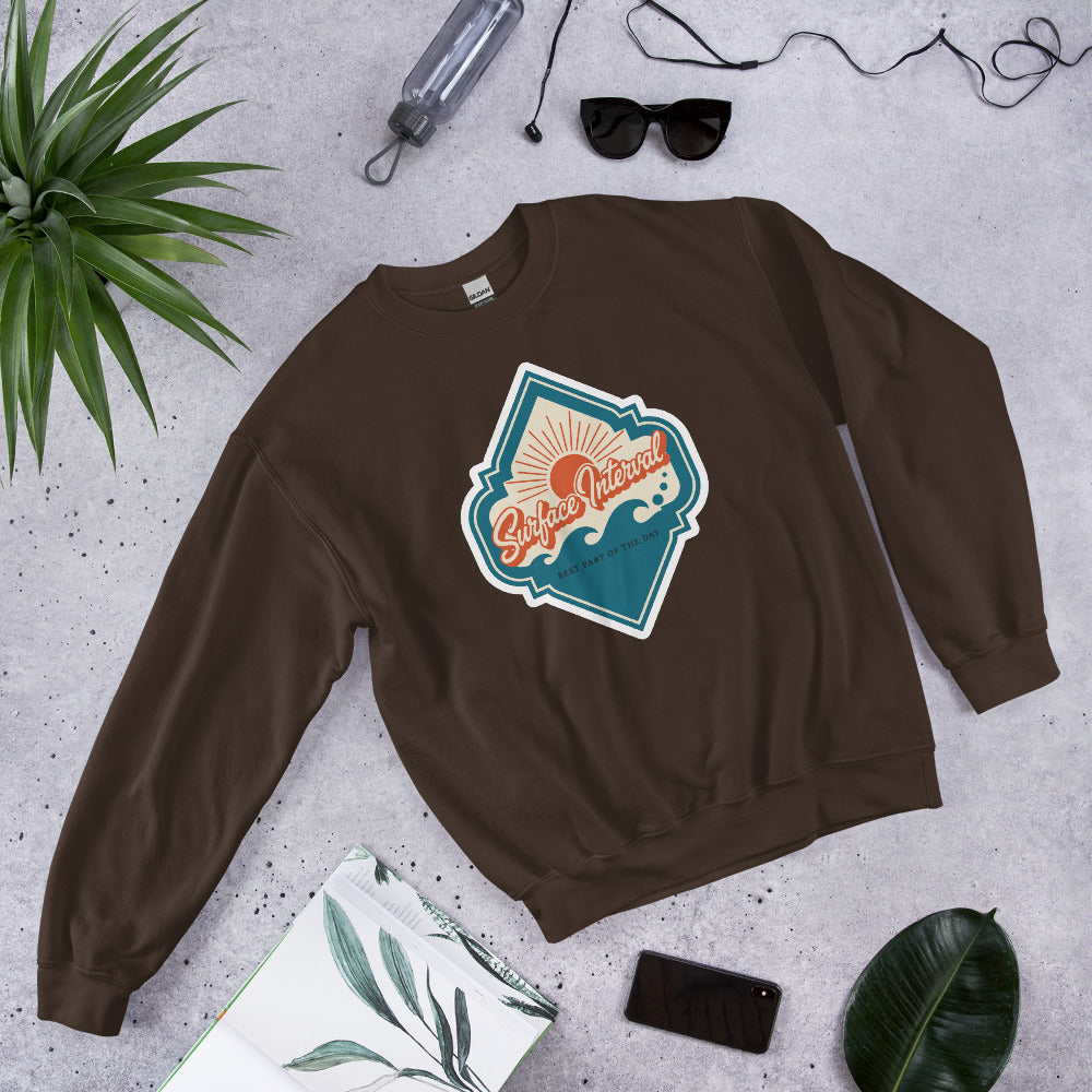 Surface Interval vintage scuba diving travel decal sweatshirt — Dark Chocolate, flat lay
