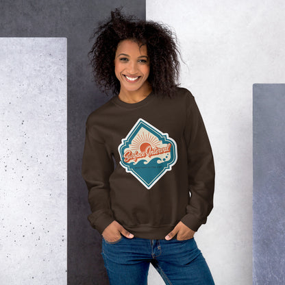 Surface Interval vintage scuba diving travel decal sweatshirt — Dark Chocolate, on model