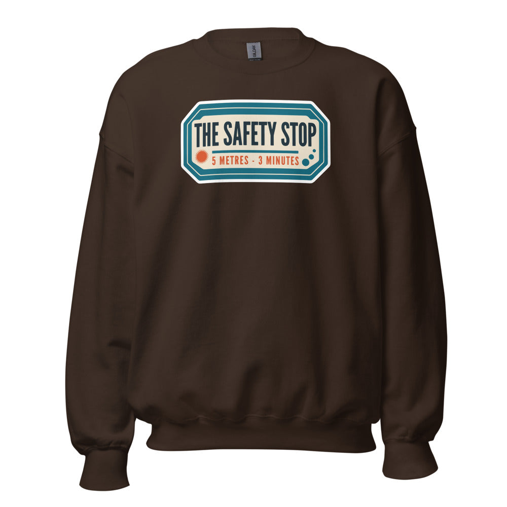The Safety Stop vintage scuba diving travel decal sweatshirt — Dark Chocolate, front