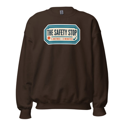 The Safety Stop vintage scuba diving travel decal sweatshirt — Dark Chocolate, front
