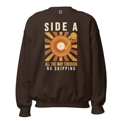 Side A No Skipping vinyl record crewneck sweatshirt — Dark Chocolate, front