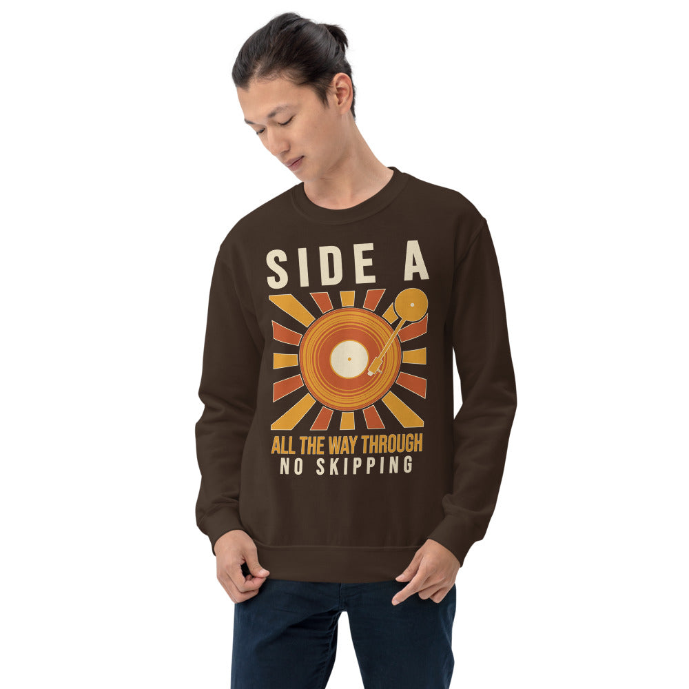 Side A No Skipping vinyl record crewneck sweatshirt — Dark Chocolate, on model
