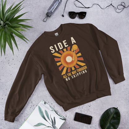 Side A No Skipping vinyl record crewneck sweatshirt — Dark Chocolate, flat lay
