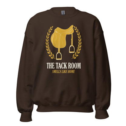 The Tack Room engraved equestrian saddle crest crewneck sweatshirt — Dark Chocolate, front