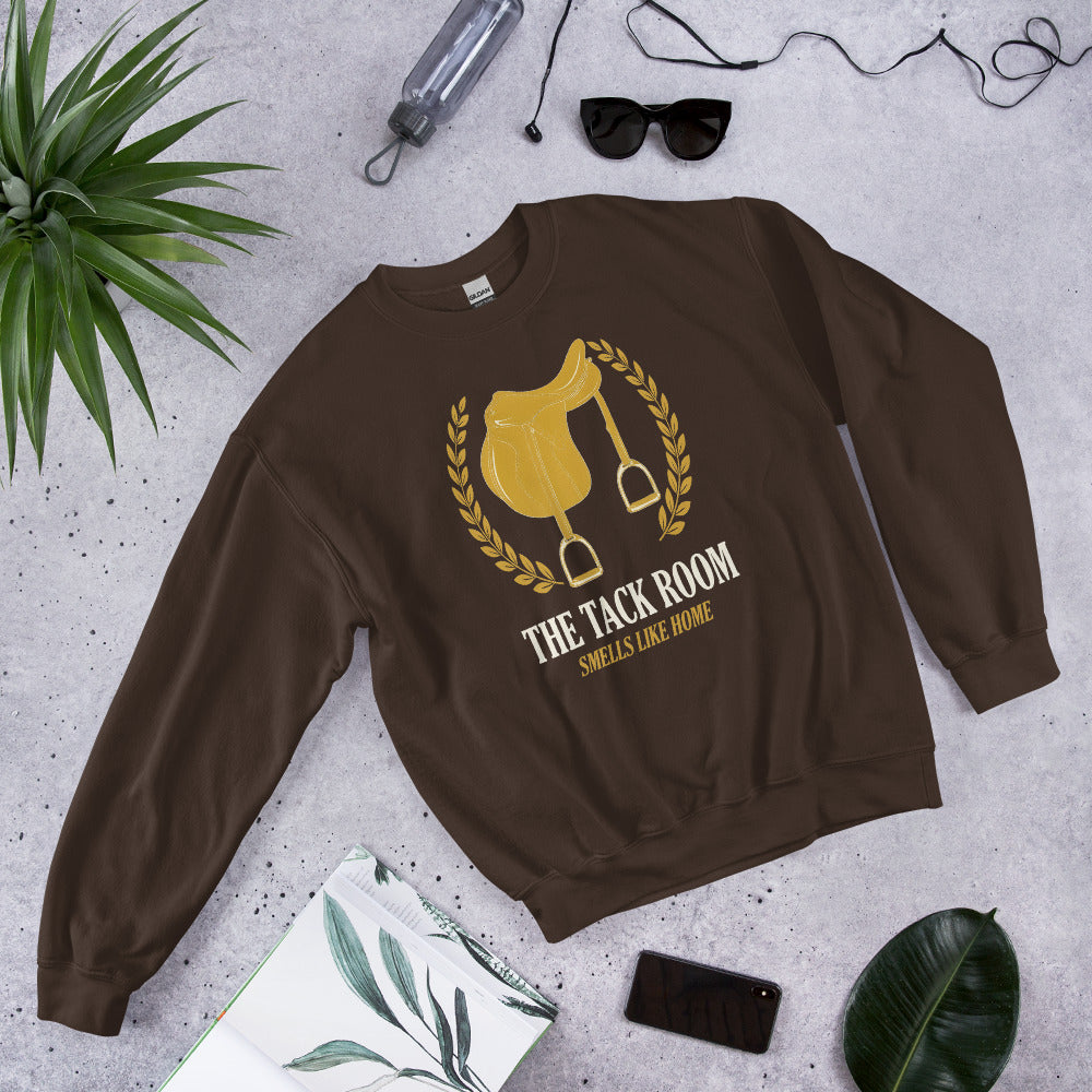 The Tack Room engraved equestrian saddle crest crewneck sweatshirt — Dark Chocolate, flat lay