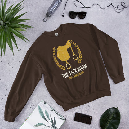 The Tack Room engraved equestrian saddle crest crewneck sweatshirt — Dark Chocolate, flat lay