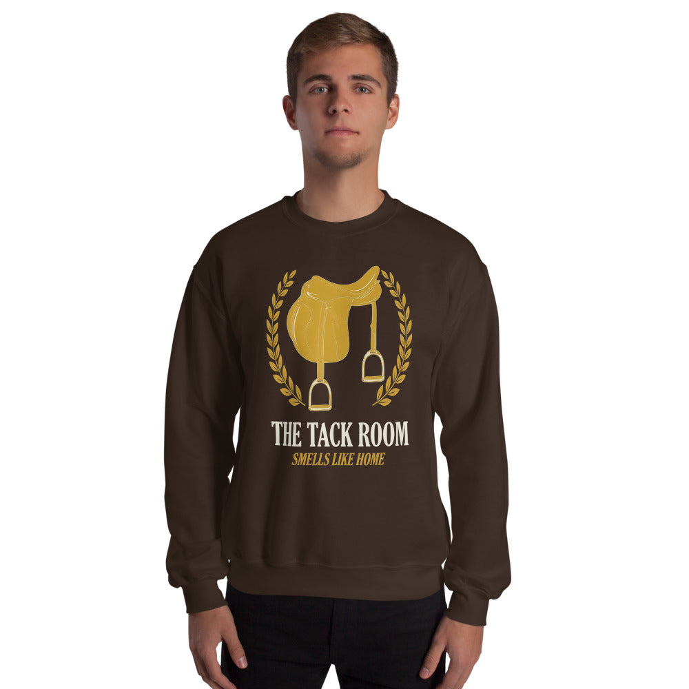 The Tack Room engraved equestrian saddle crest crewneck sweatshirt — Dark Chocolate, on model
