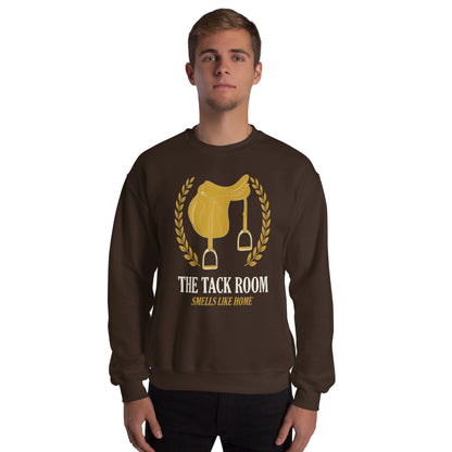The Tack Room engraved equestrian saddle crest crewneck sweatshirt — Dark Chocolate, on model