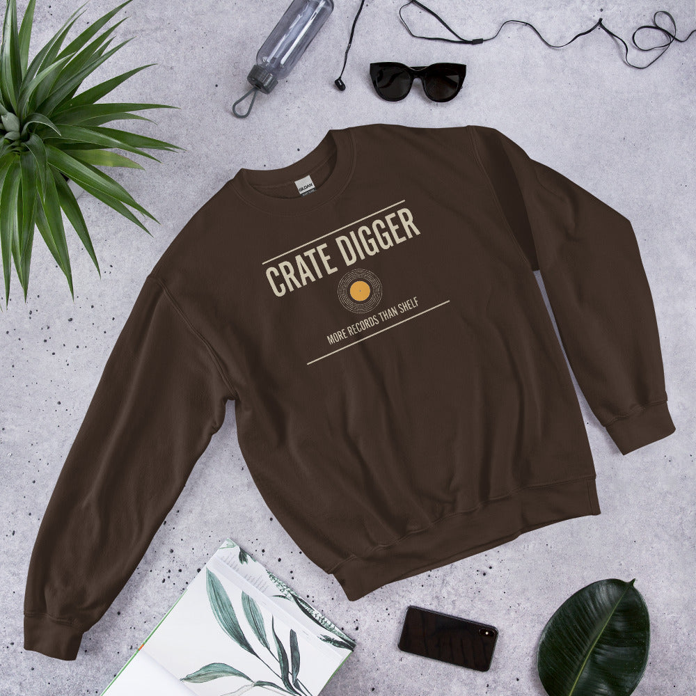 Crate Digger vinyl record crewneck sweatshirt — Dark Chocolate, flat lay