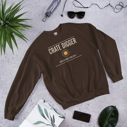 Crate Digger vinyl record crewneck sweatshirt — Dark Chocolate, flat lay