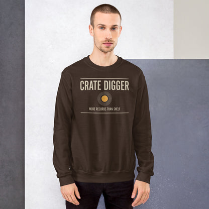Crate Digger vinyl record crewneck sweatshirt — Dark Chocolate, on model