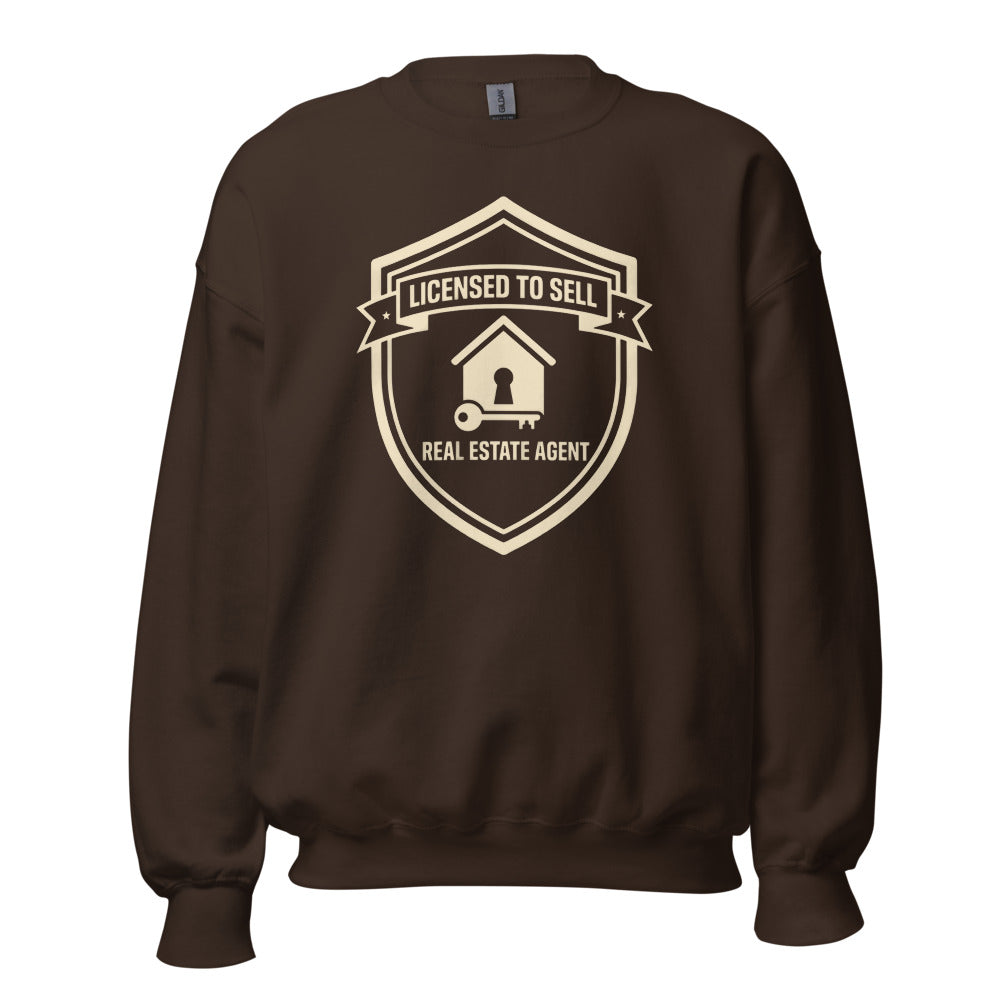 Licensed to Sell real estate agent crewneck sweatshirt — Dark Chocolate, front
