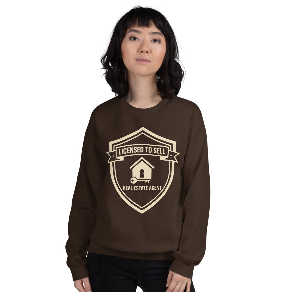 Licensed to Sell real estate agent crewneck sweatshirt — Dark Chocolate, on model