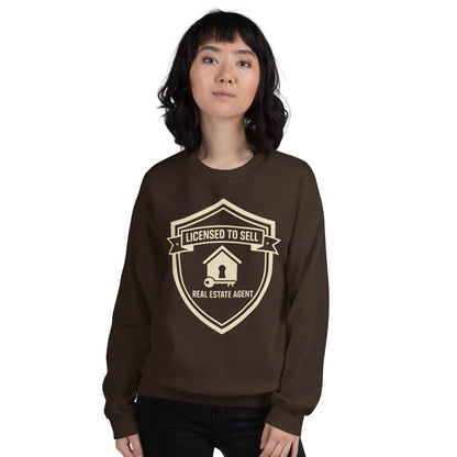 Licensed to Sell real estate agent crewneck sweatshirt — Dark Chocolate, on model