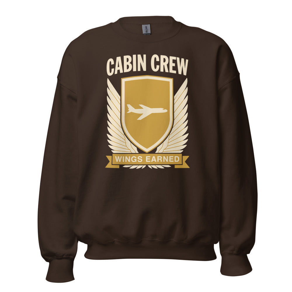 Wings Earned flight attendant crewneck sweatshirt — Dark Chocolate, front