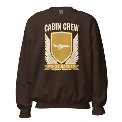 Wings Earned flight attendant crewneck sweatshirt — Dark Chocolate, front