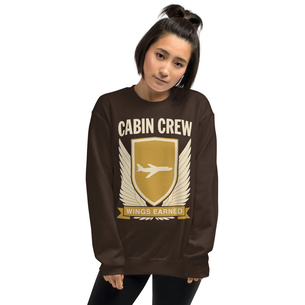 Wings Earned flight attendant crewneck sweatshirt — Dark Chocolate, on model