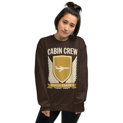 Wings Earned flight attendant crewneck sweatshirt — Dark Chocolate, on model