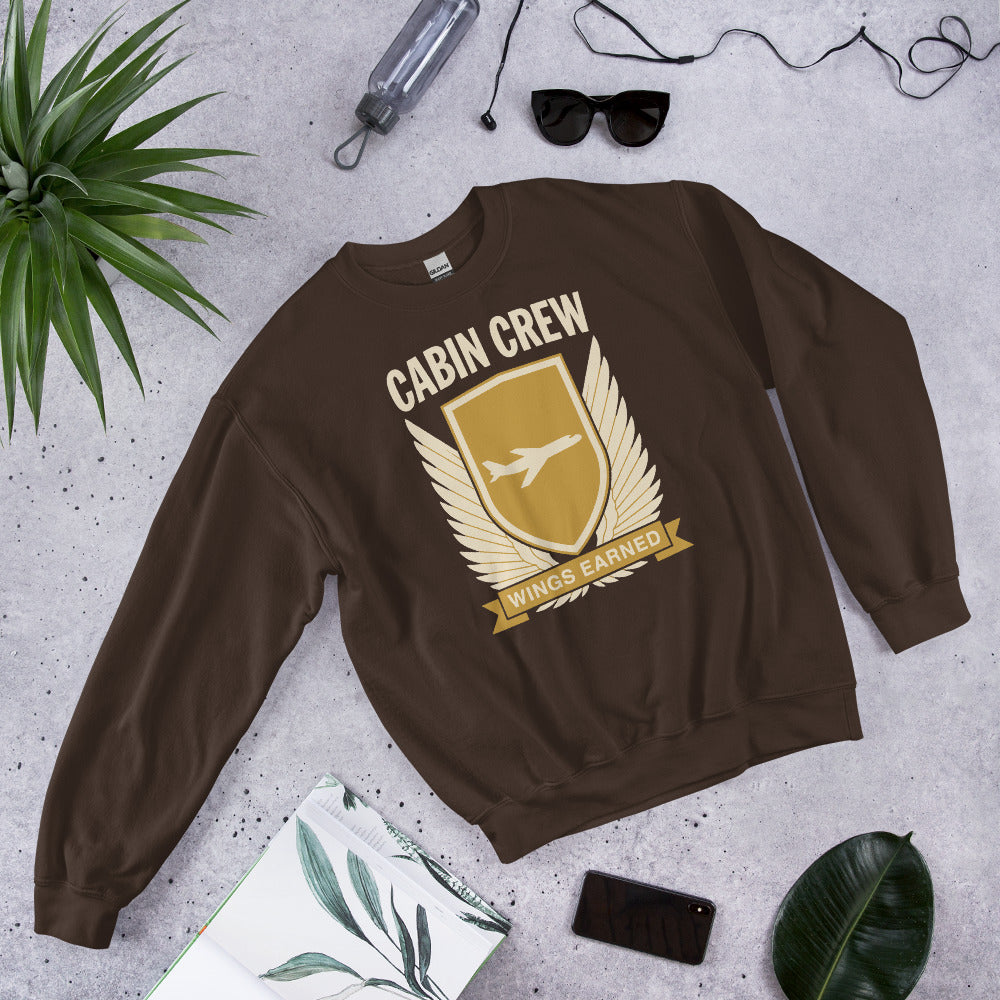 Wings Earned flight attendant crewneck sweatshirt — Dark Chocolate, flat lay