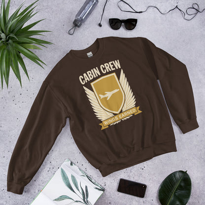 Wings Earned flight attendant crewneck sweatshirt — Dark Chocolate, flat lay