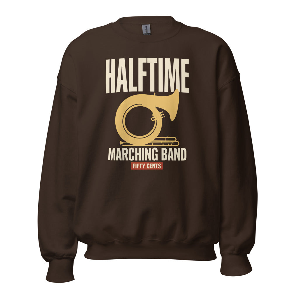 Official Halftime vintage marching band crewneck sweatshirt — Dark Chocolate, front