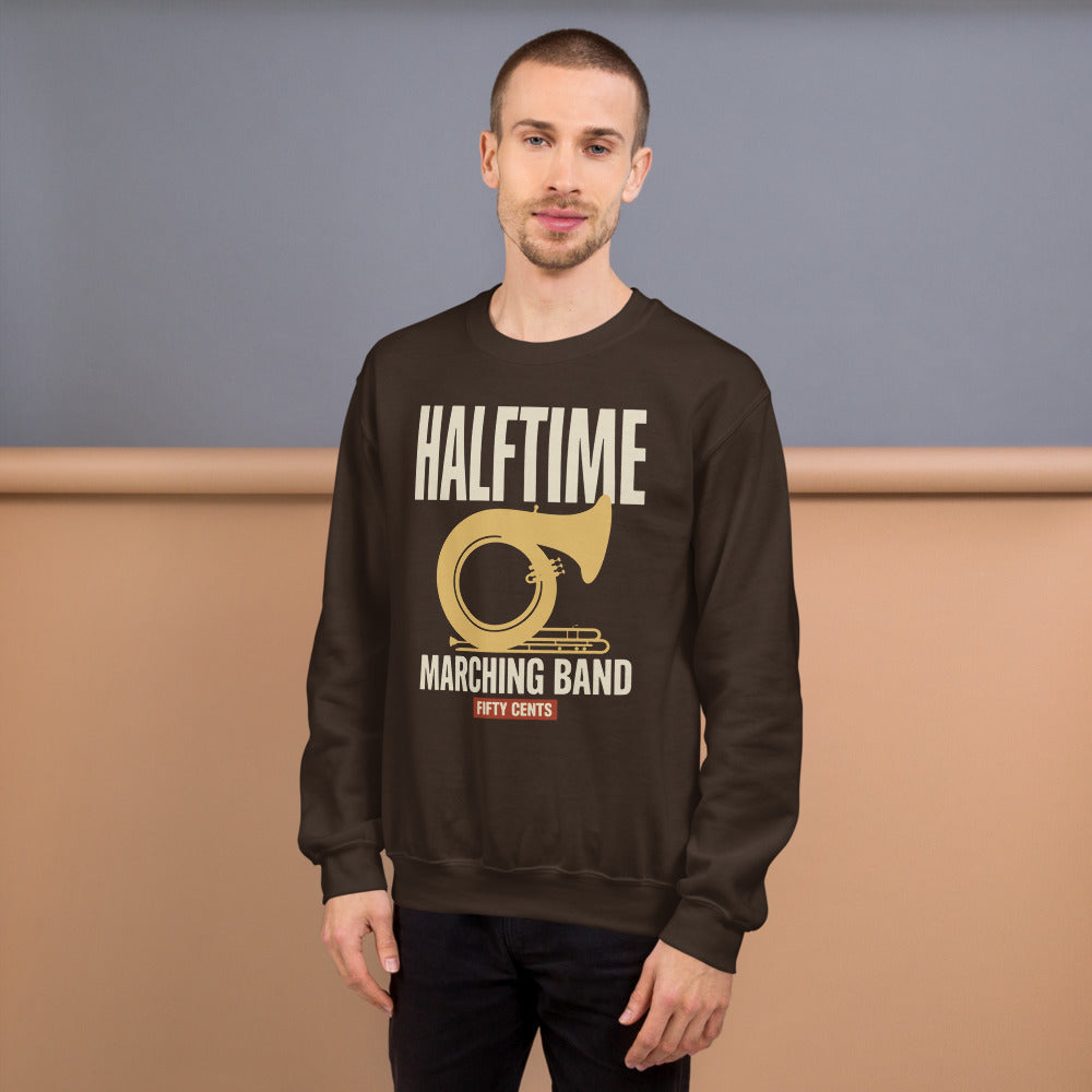 Official Halftime vintage marching band crewneck sweatshirt — Dark Chocolate, on model