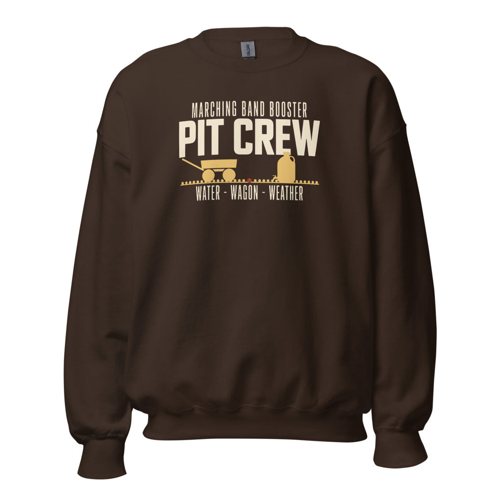 Pit Crew marching band booster crewneck sweatshirt — Dark Chocolate, front