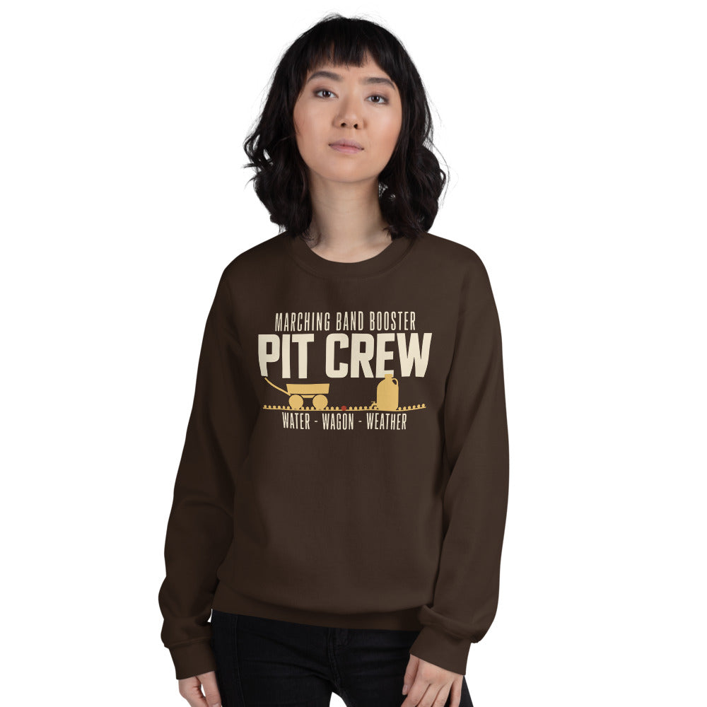 Pit Crew marching band booster crewneck sweatshirt — Dark Chocolate, on model