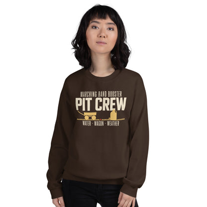 Pit Crew marching band booster crewneck sweatshirt — Dark Chocolate, on model