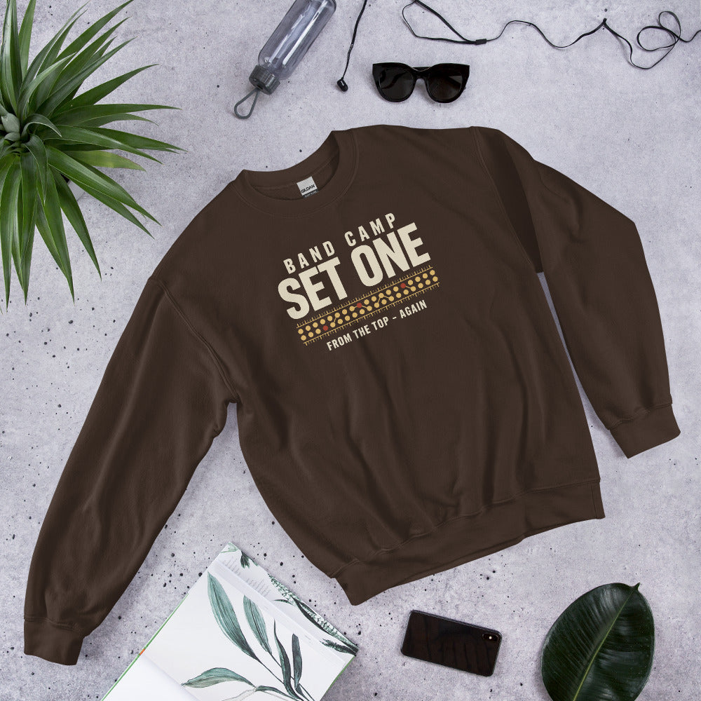 Set One marching band drill chart crewneck sweatshirt — Dark Chocolate, flat lay