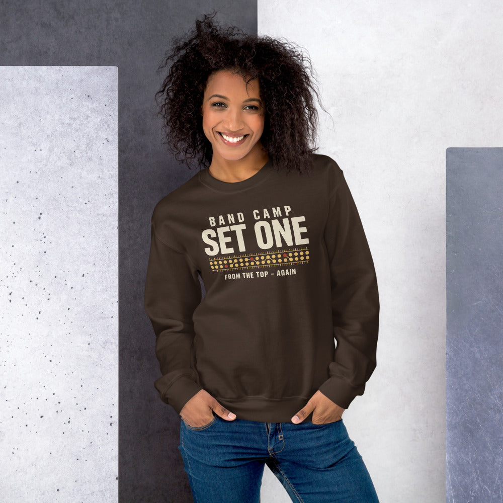 Set One marching band drill chart crewneck sweatshirt — Dark Chocolate, on model