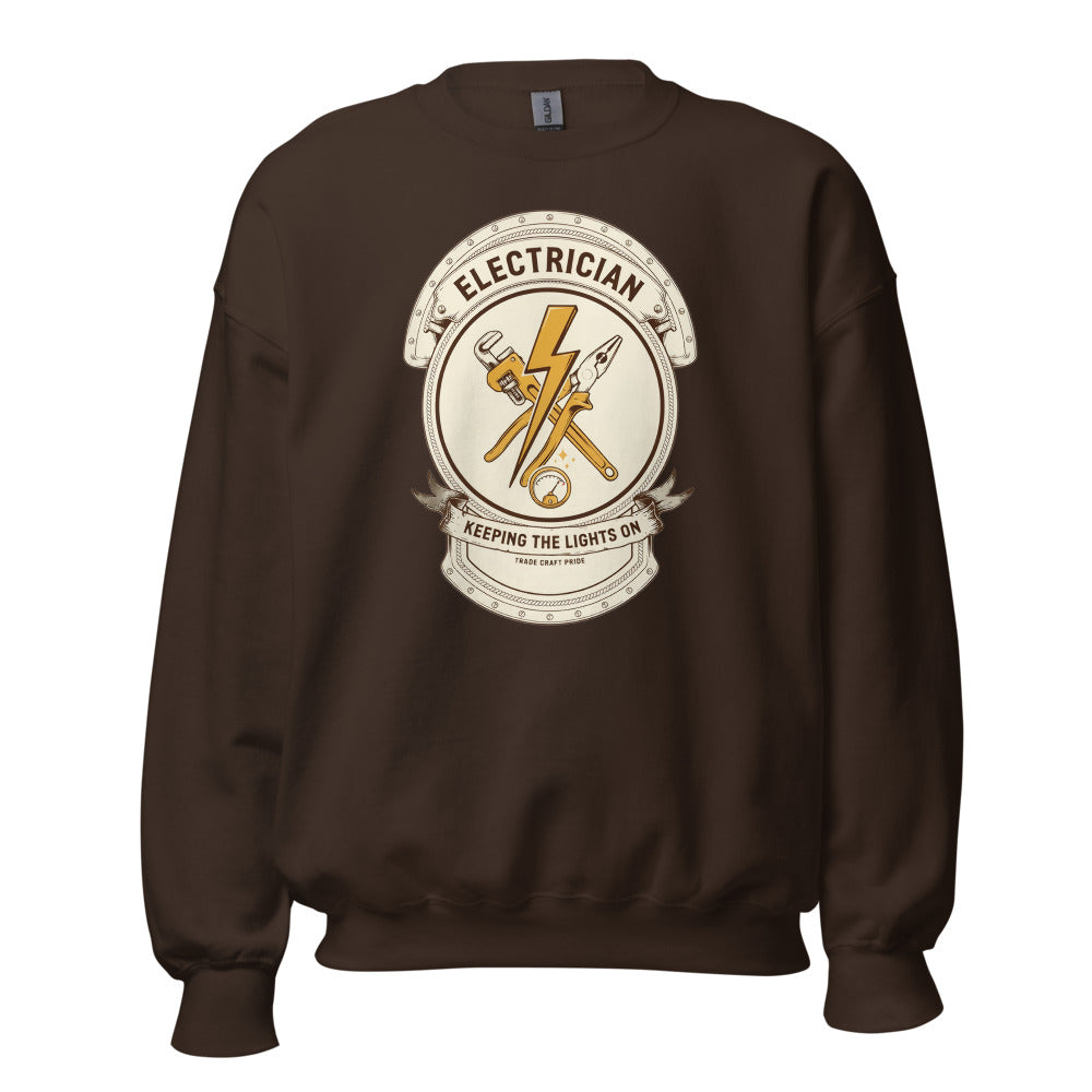 Electrician Journeyman trade crest crewneck — Dark Chocolate, front