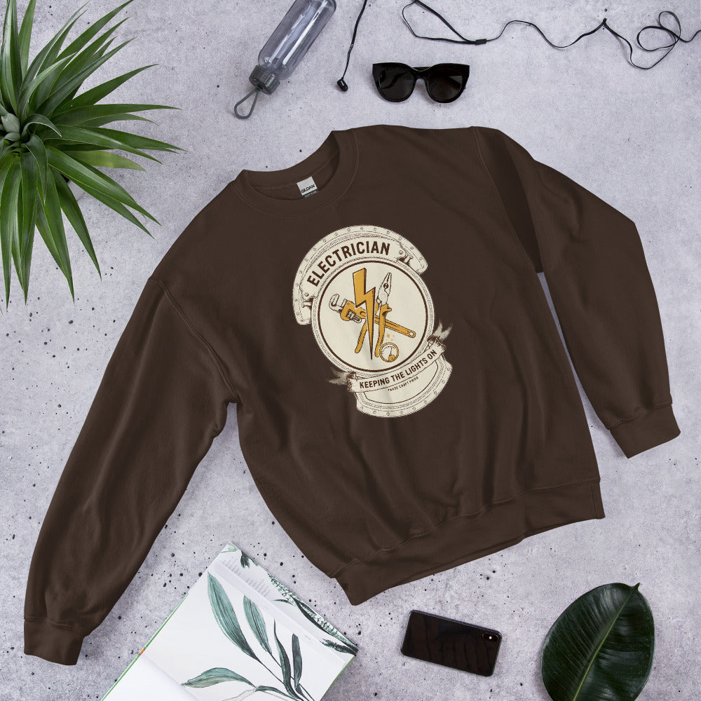 Electrician Journeyman trade crest crewneck — Dark Chocolate, flat lay