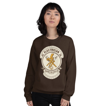 Electrician Journeyman trade crest crewneck — Dark Chocolate, on model