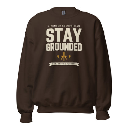 Stay Grounded funny electrician crewneck — Dark Chocolate, front