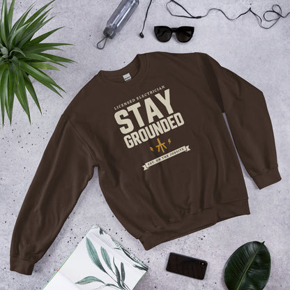 Stay Grounded funny electrician crewneck — Dark Chocolate, flat lay