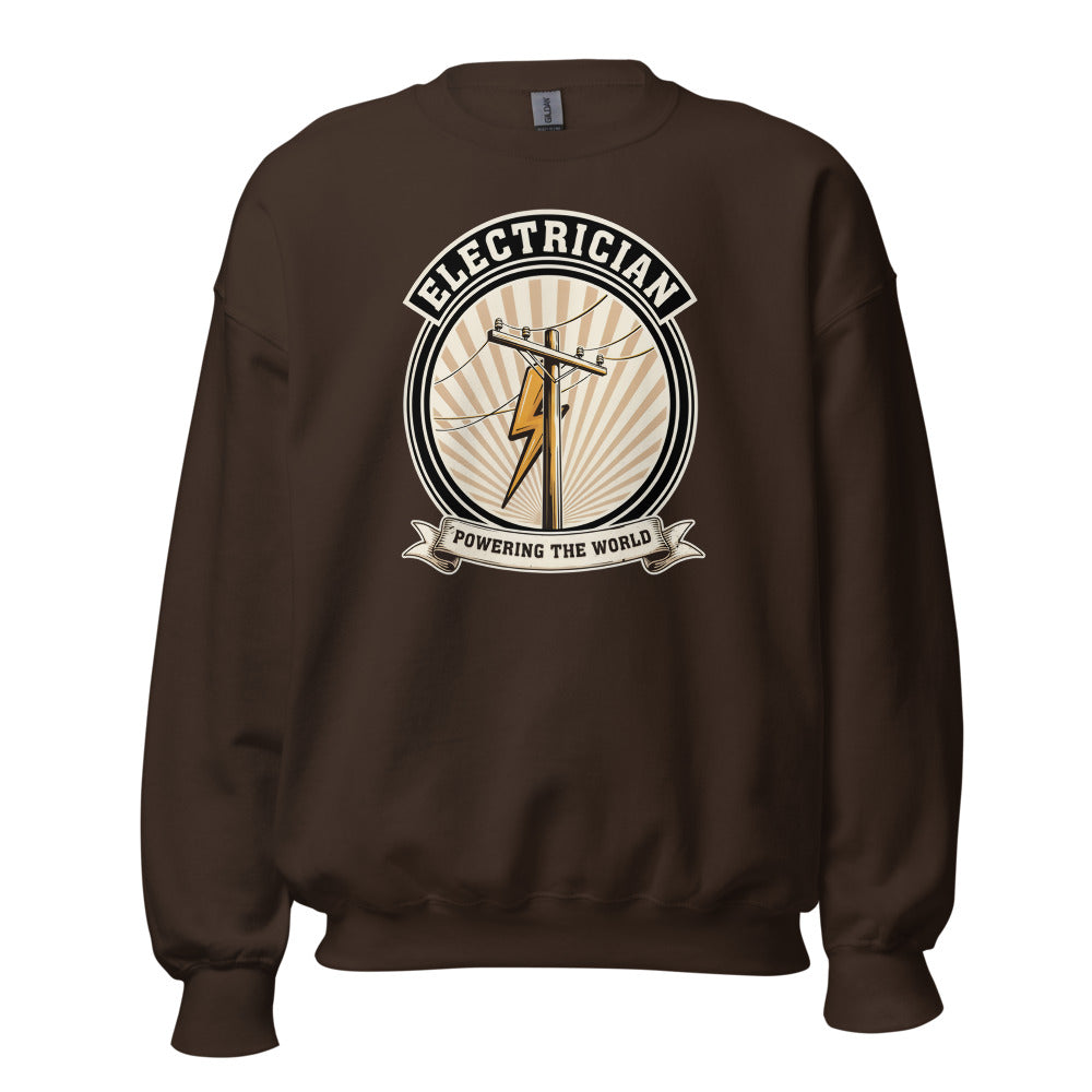 Powering The World electrician emblem crewneck — Dark Chocolate, front