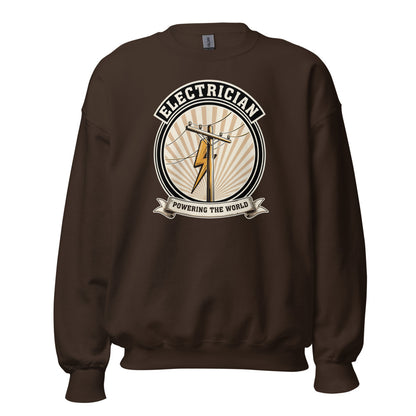 Powering The World electrician emblem crewneck — Dark Chocolate, front
