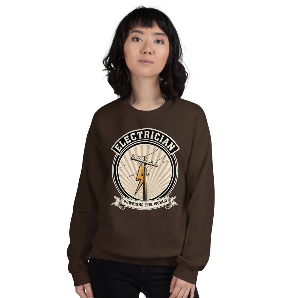 Powering The World electrician emblem crewneck — Dark Chocolate, on model