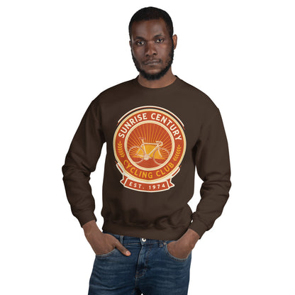 Sunrise Century C.C. retro cycling club badge crewneck — Dark Chocolate, on model