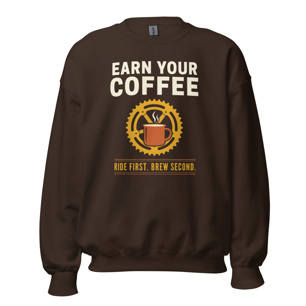 Earn Your Coffee retro cycling coffee crewneck — Dark Chocolate, front