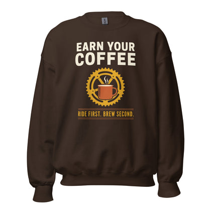 Earn Your Coffee retro cycling coffee crewneck — Dark Chocolate, front