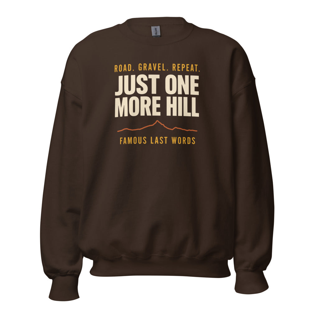 Just One More Hill retro cycling climb crewneck — Dark Chocolate, front