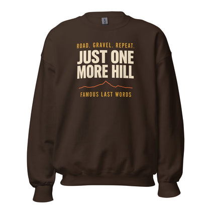Just One More Hill retro cycling climb crewneck — Dark Chocolate, front