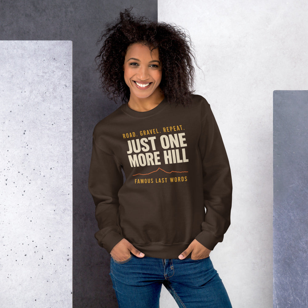 Just One More Hill retro cycling climb crewneck — Dark Chocolate, on model
