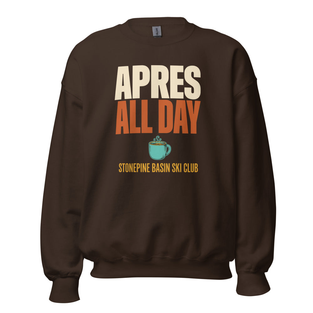 Après All Day Stonepine Basin Ski Club retro apres-ski crewneck sweatshirt — Dark Chocolate, front